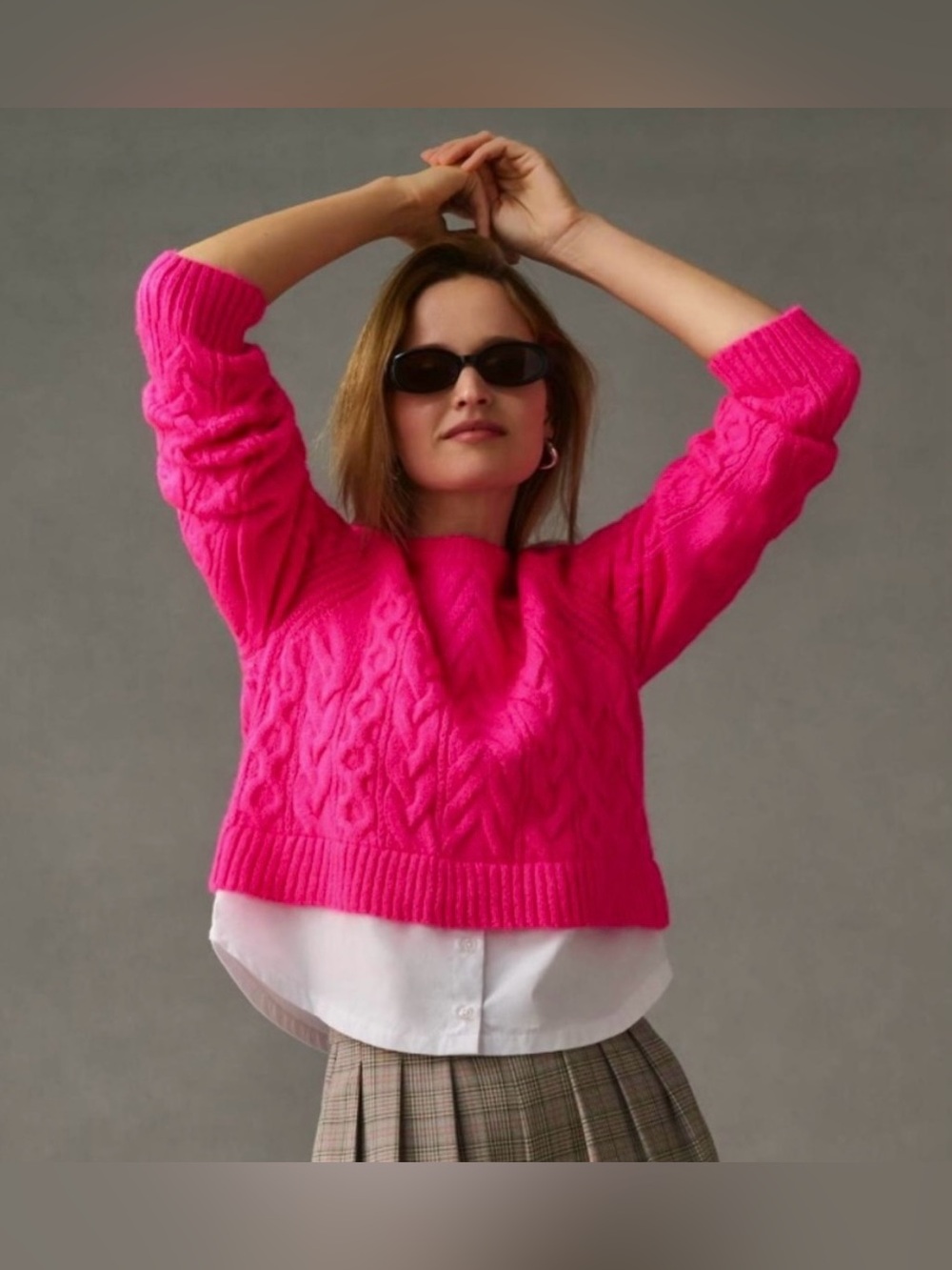 Anthropologie Hot Pink Cable Knit Crewneck Sweater